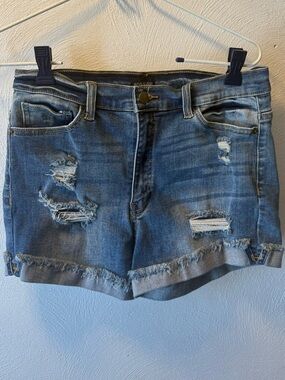 Poison Mushroom Distressed Denim Shorts High Rise Raw Hem Festival Y2K Grunge  M